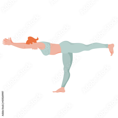 Image of a woman in a dynamic yoga pose. Home yoga workouts. Correct performance of the asana. Isolated female figure on a white background.