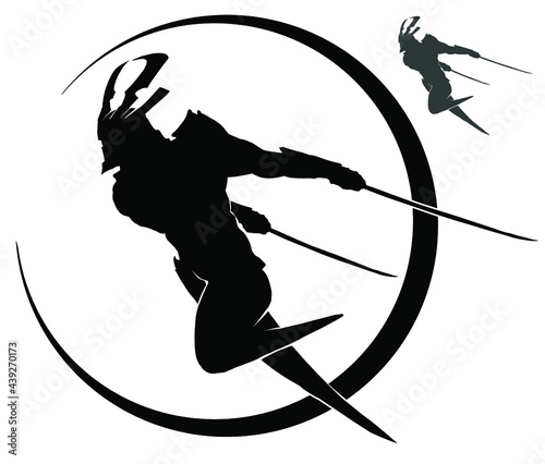 Black silhouette logo of a graceful samurai in a dynamic jump, he rushes forward with two short swords at the ready, he is circled in a perfect circle. 2d illustration