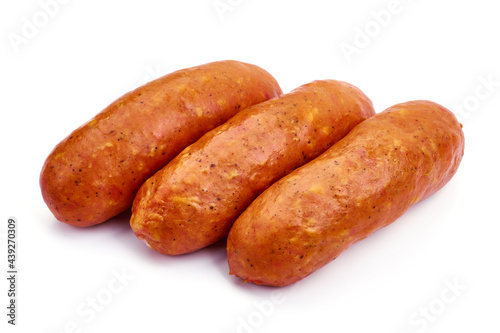 Smoked german sausages, isolated on white background. High resolution image.