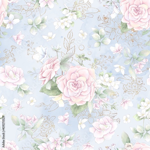 Seamless pattern. Spring delicate rose flowers. Digital printing