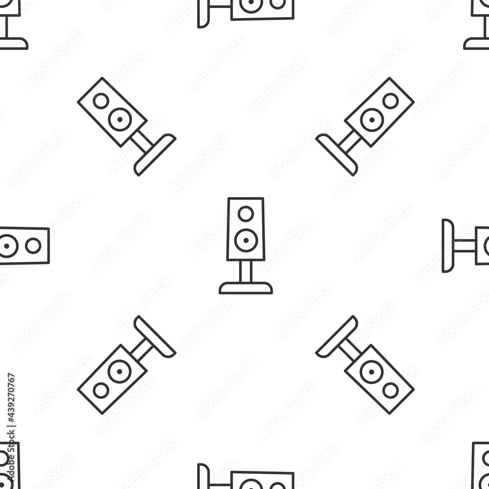 Grey line Stereo speaker icon isolated seamless pattern on white background. Sound system speakers. Music icon. Musical column speaker bass equipment. Vector Grey line Stereo speaker icon isolated seamless pattern on white background. Sound system speakers. Music icon. Musical column speaker bass equipment. Vector