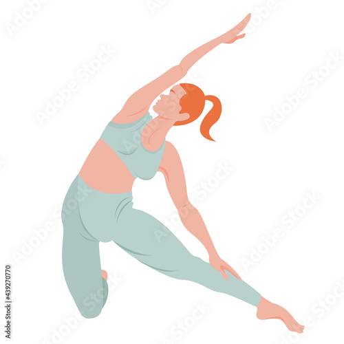 Image of a woman in a dynamic yoga pose. Home yoga workouts. Correct performance of the asana. Isolated female figure on a white background.