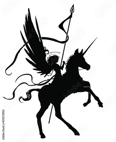 The black silhouette of a beautiful young holy knight girl with a flag in her hand, she is riding on a young unicorn foal with a long sharp horn, she has short wings behind her back. 2d illustration