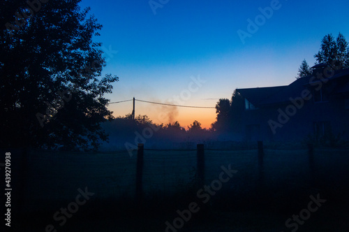 Foggy evening at dusk in the village © Payllik