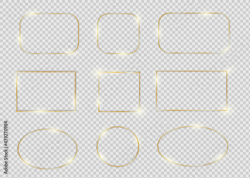 Gold shiny glowing frames set with shadows isolated on transparent background. Pack of luxury round, oval borders.