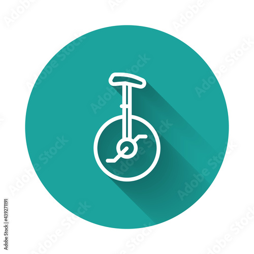 White line Unicycle or one wheel bicycle icon isolated with long shadow. Monowheel bicycle. Green circle button. Vector