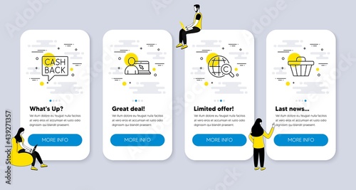 Vector Set of line icons related to International Ð¡opyright, Money transfer and Online education icons. UI phone app screens with people. Shop cart line symbols. Vector