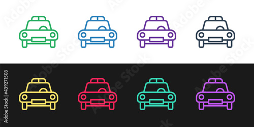 Set line Police car and police flasher icon isolated on black and white background. Emergency flashing siren. Vector