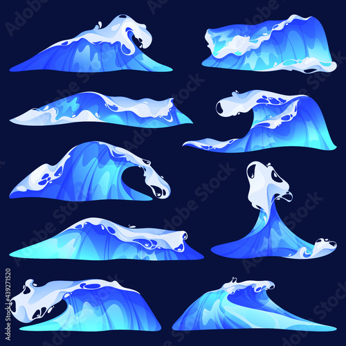 Sea or ocean waves set. Vector flat icons of water curl with white foam. Natural phenomenon of water splash and swirl, storm or tsunami elements. Marine and aquatic theme