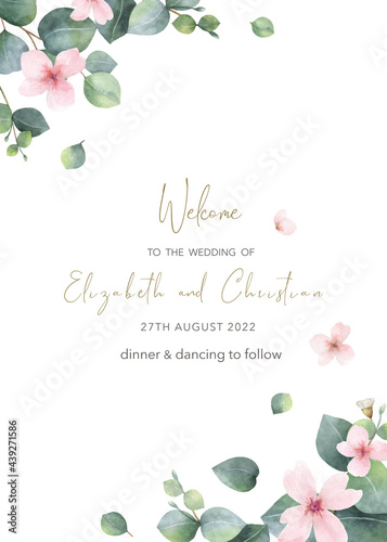 Watercolor hand painted wedding invitation card template.