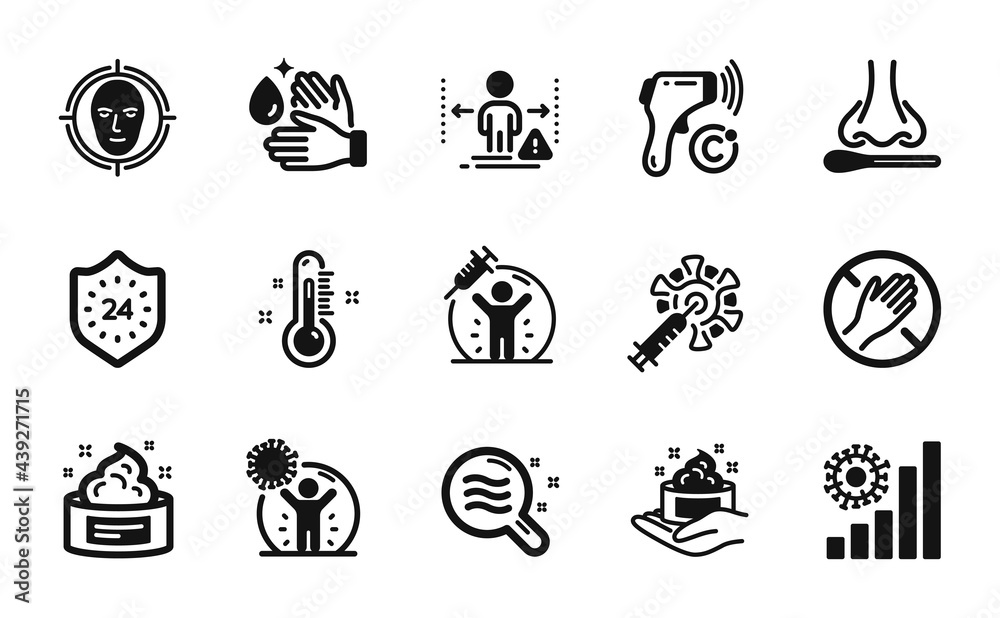Vector set of Face detect, Coronavirus statistics and Dont touch icons simple set. Electronic thermometer, Skin condition and Wash hands icons. Face detect simple web symbol. Vector