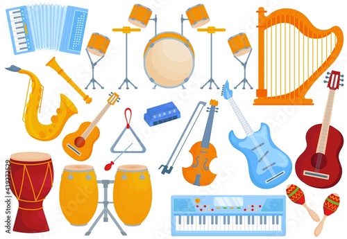 Music instrument collection, isolated on white, vector illustration. Musical violin, acoustic guitar, drum, trumpet collection. Classical harp