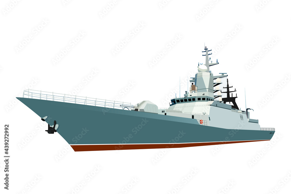 Naval ship, vector image isolated on white background.