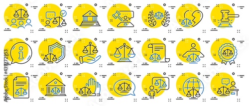 Court line icons. Scales of Justice, Lawyer and Judge. Hammer, Law and Petition document set icons. Judgment, justice, court injunction. Gavel judge hammer, rulings, presiding officer. Vector