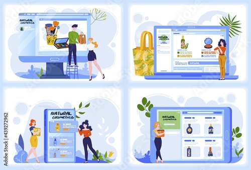 Beauty shop online, vector illustration, woman character buy natural cosmetic at store, makeup product design at computer, mobile phone screen set