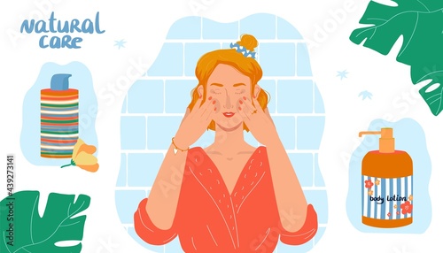 Beauty natural care concept, vector illustration, flat girl character in mirror make face skin treatment at home, body lotion cream at bottle design.