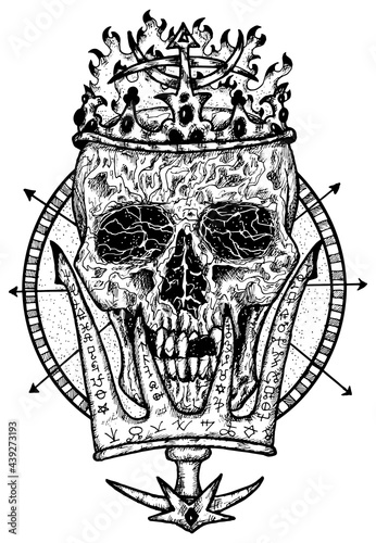 Black and white scary illustration of vector skull wearing crown with magic wand.