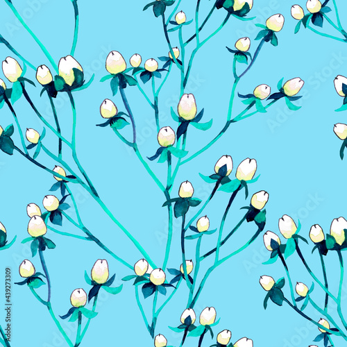 Buds branches watercolor on bright turquoise background seamless patternfor all prints. © Halyna