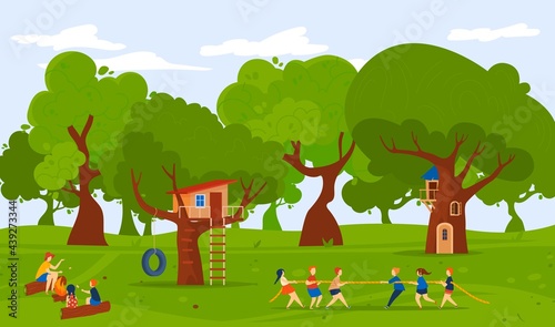 Camp at forest nature  summer outdoor  vector illustration  flat girl boy character play tug-of-war together  children stand near treehouse.