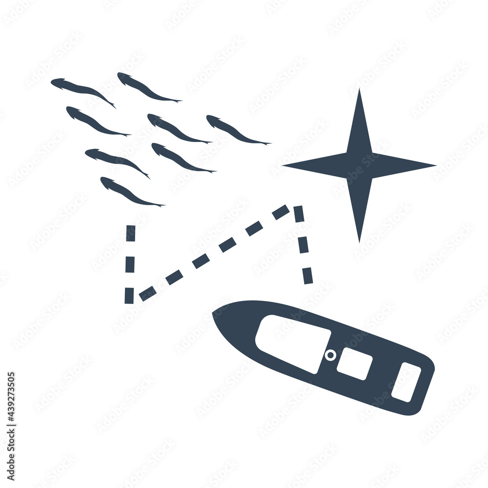 Fototapeta premium Vector black icon fishing vessel, trawler, seiner, fish school