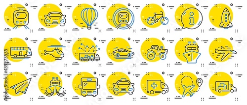 Transport line icons. Taxi, Helicopter and subway train icons. Truck car, Tram and Air balloon transport. Bike, Airport airplane and Ship, subway. Travel bus, ambulance car, paper airplane. Vector