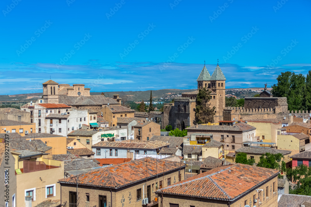 View at the Toledo city downtown top buildings, full historical urban architecture buildings inside at the fortress