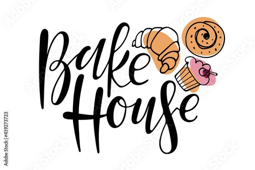 Bake House Calligraphy. Hand written brush Lettering for advertising, signboard, logotype, banner, card, design. Vector typography poster for bakery shops, cafe brand emblem isolated on white.