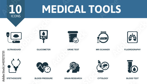 Medical Tools icon set. Contains editable icons medical equipment theme such as ultrasound, urine test, fluorograthy and more.