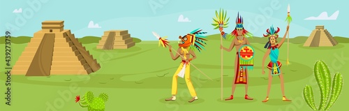 Mexico ancient civilization concept, vector illustration, history aztec tribe culture, man woman people maya in ethnic clothes stand near pyramid.