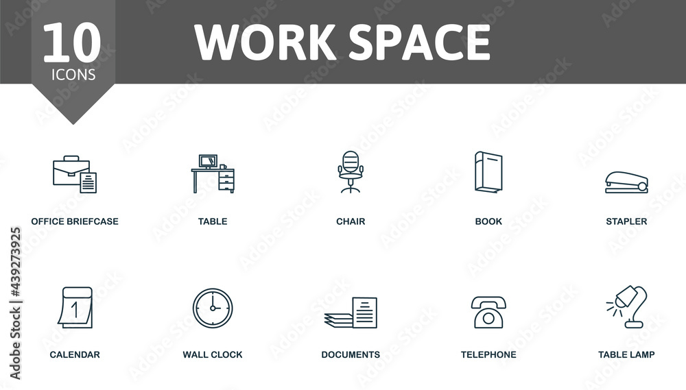Work Space icon set. Contains editable icons office theme such as office briefcase, chair, stapler and more. Work Space icon set. Contains editable icons office theme such as office briefcase, chair, stapler and more.