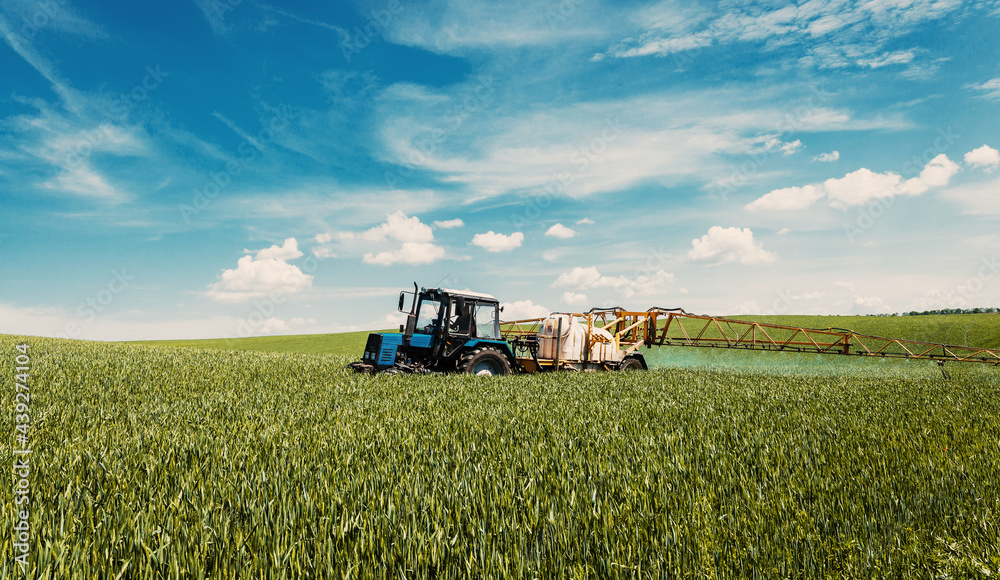 Agricultural landscape.Farmer using a tractor to spray his wheat field against weeds and insects. Chemical fertilizers, toxic pesticides, insecticides. Ecology concept. Rich harvest concept Agricultural landscape.Farmer using a tractor to spray his wheat field against weeds and insects. Chemical fertilizers, toxic pesticides, insecticides. Ecology concept. Rich harvest concept