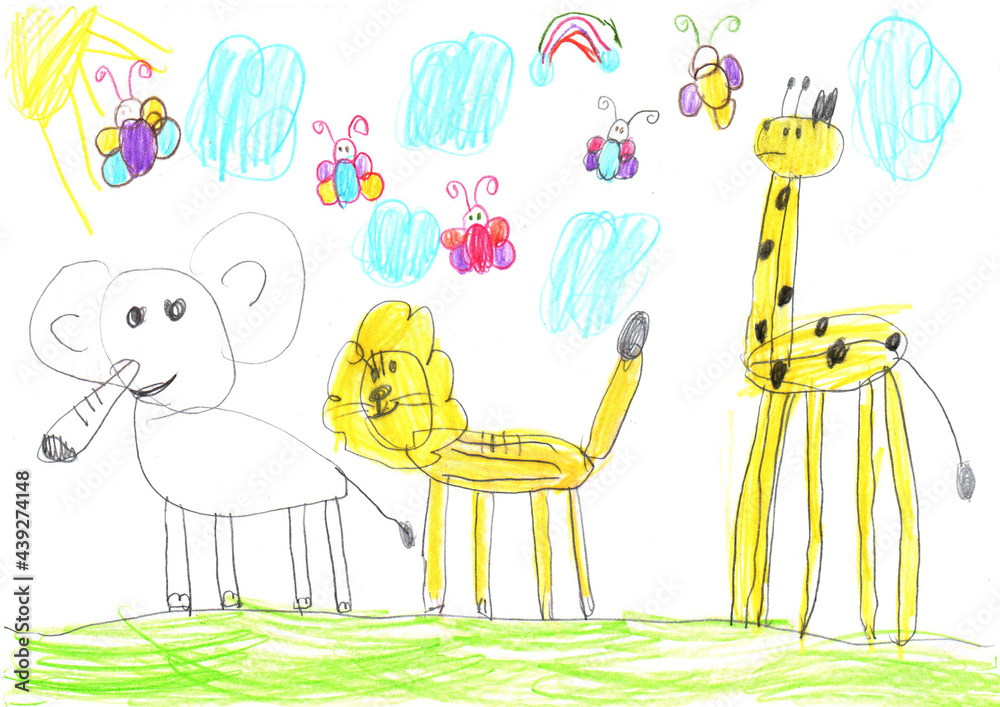 Drawing of happy animals giraffe; lion, elephant on warm summer day. Pencil  art in childish style. Stock Illustration | Adobe Stock