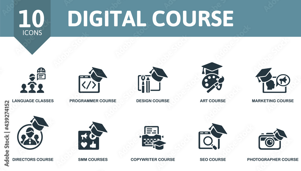 Digital Course icon set. Contains editable icons online course theme such as language classes, design course, marketing course and more. Digital Course icon set. Contains editable icons online course theme such as language classes, design course, marketing course and more.