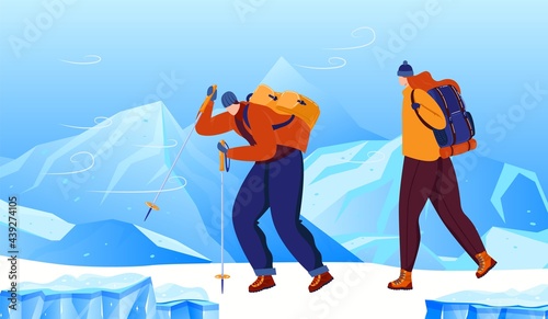Man woman hiking in winter mountain, vector illustration. Happy couple character at adventure, sport at nature landscape with snow.