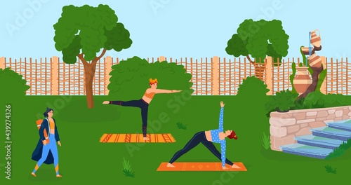 Woman do yoga at nature, person group in park, vector illustration, flat female people character lifestyle, young girl at sport training.