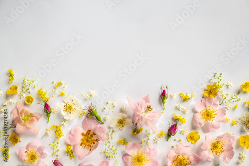 Floral frame against white background. Flat lay, top view, copy space. Beautiful floral pattern in pastel colors