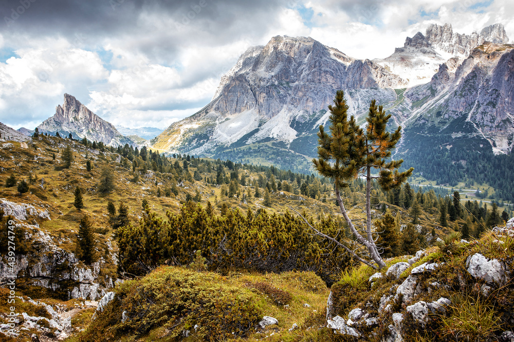 Wonderful nature landscape. Amazind summer scenery in Dolomite mountains. Hiking trail near Falzarego pass. View on Alpine highlands with rmajestic mountains. Popular locations for travel and hiking.