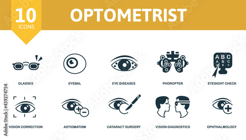 Optometrist icon set. Contains editable icons ophthalmology theme such as glasses, eye diseases, eyesight check and more.