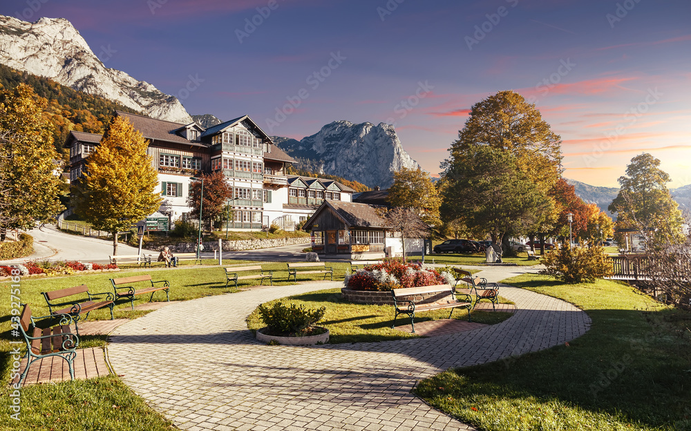 Amazing countryside scenery in alps at sunny day. Brauhof village on a Grundlsee lake. Austria. Amazing nature landscape. Picture of village park. concept of Travel and holiday on nature.