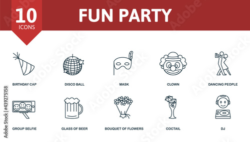 Fun Party icon set. Contains editable icons party theme such as birthday cap, mask, dancing people and more.