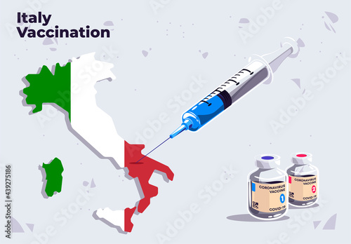 Vector illustration of Italy vaccination template medical syringe on the map of Italy with glass vials of COVID-19 vaccine, inject in Italy, flag of Italy