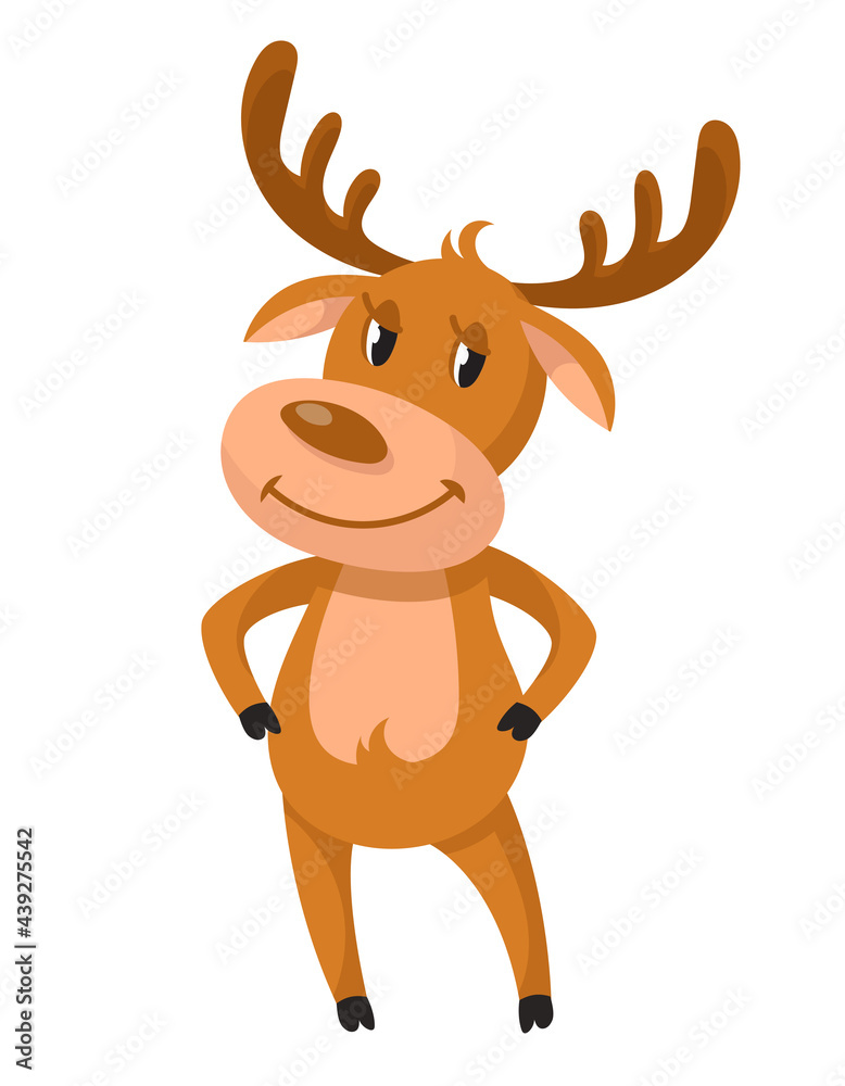 Christmas deer with hands on his belt. Smiling character in cartoon style. Christmas deer with hands on his belt. Smiling character in cartoon style.