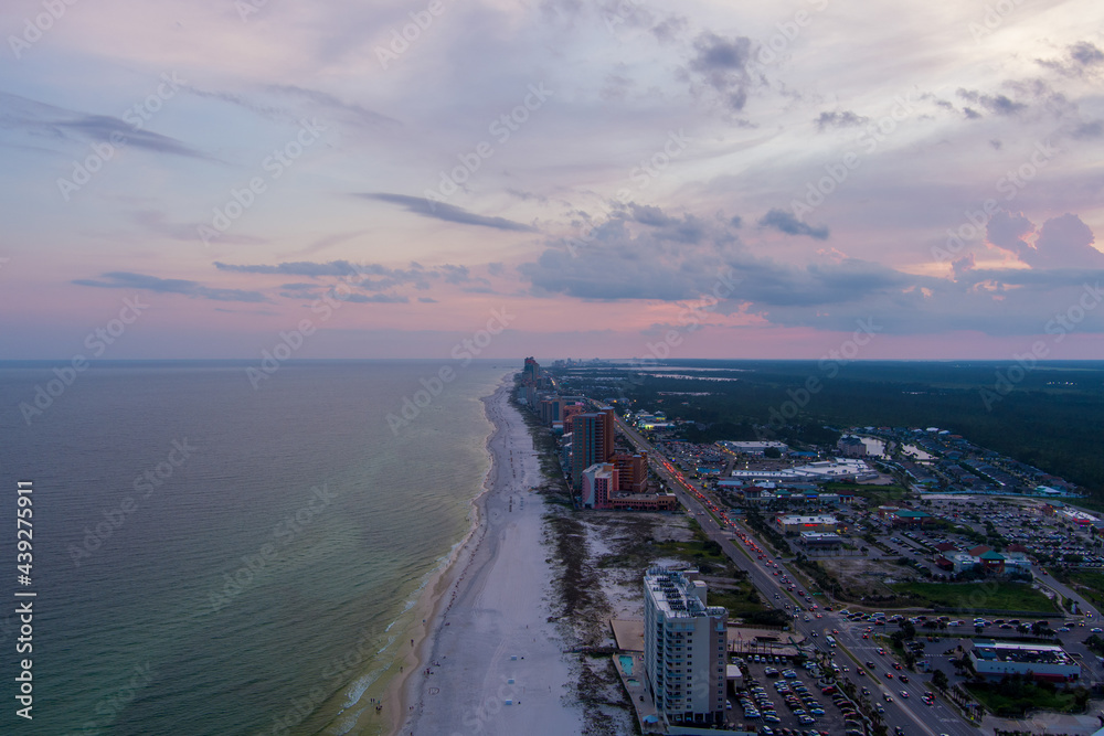 Aerial view of Orange Beach, Alabama at sunset 