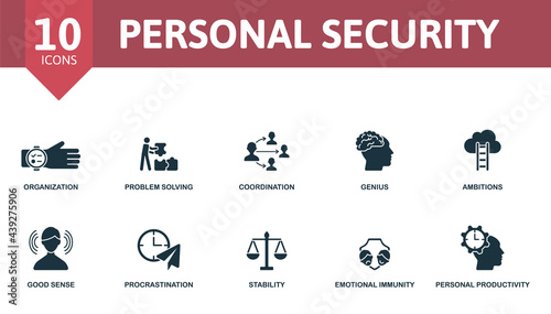 Personal Security icon set. Contains editable icons personal protection theme such as ear plugs, fire extinguisher, hazard protection and more.