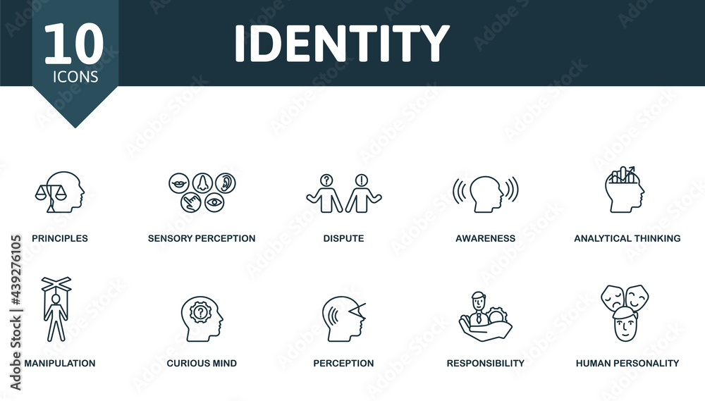 Identity icon set. Contains editable icons personality theme such as principles, dispute, analytical thinking and more.
