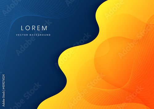 Abstract modern yellow and orange fluid shape on dark blue background with copy space for text.