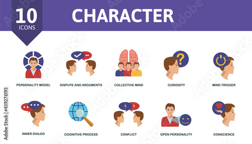 Character icon set. Contains editable icons personality theme such as personality model, collective mind, mind trigger and more.