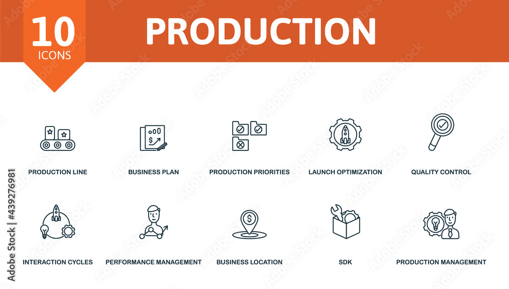 Production icon set. Contains editable icons production management theme such as production line, production pririties, quality control and more.