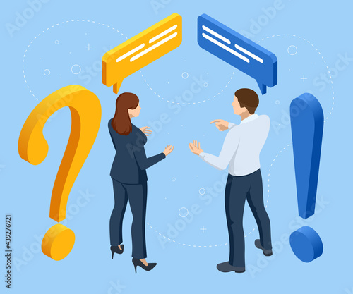 Isometric people around exclamation and question marks Question answer metaphor. Communication of people in search of solutions to problems