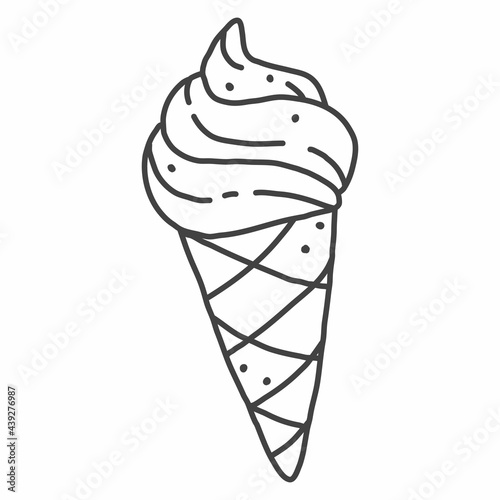 Ice cream cone in doodle style. Vector black and white hand drawn illustration. Food object isolated on white background. Food icons. Junk food line art.